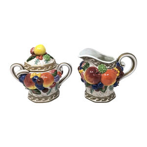 VTG Fitz & Floyd Venezia Raised Fruit Design Sugar Bowl Spoon Creamer Set